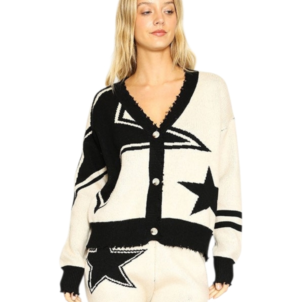 Miss Sparkling Star Cardigan Cream Black Distressed Knit Button Front Medium